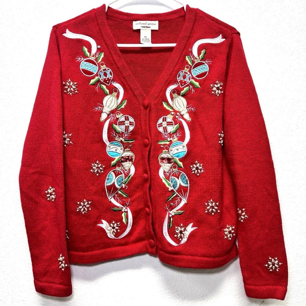 Bechamel Petites Small Red Cardigan Sweater Christmas Ornaments Beaded‎ Holiday
